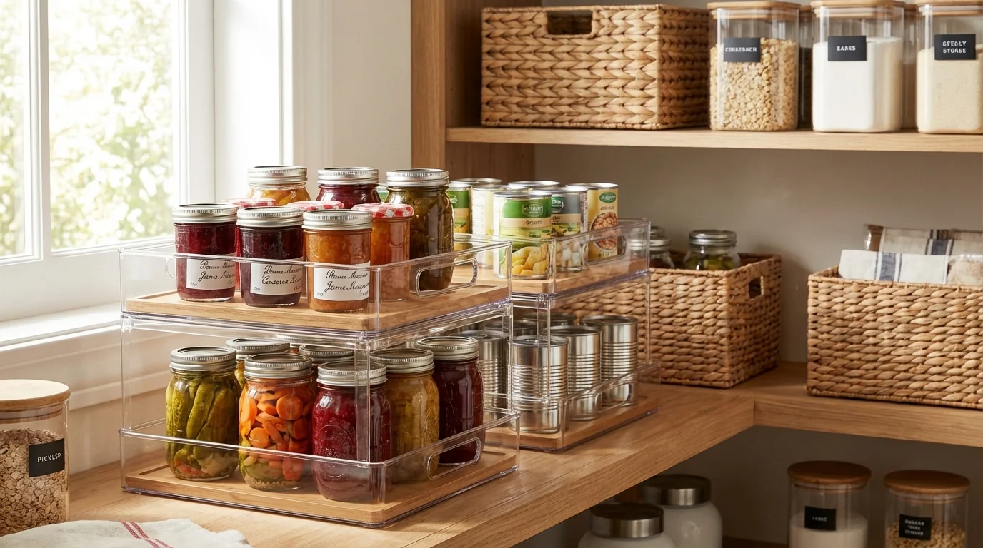 Bandejas apilables para conservas y latas en la despensa