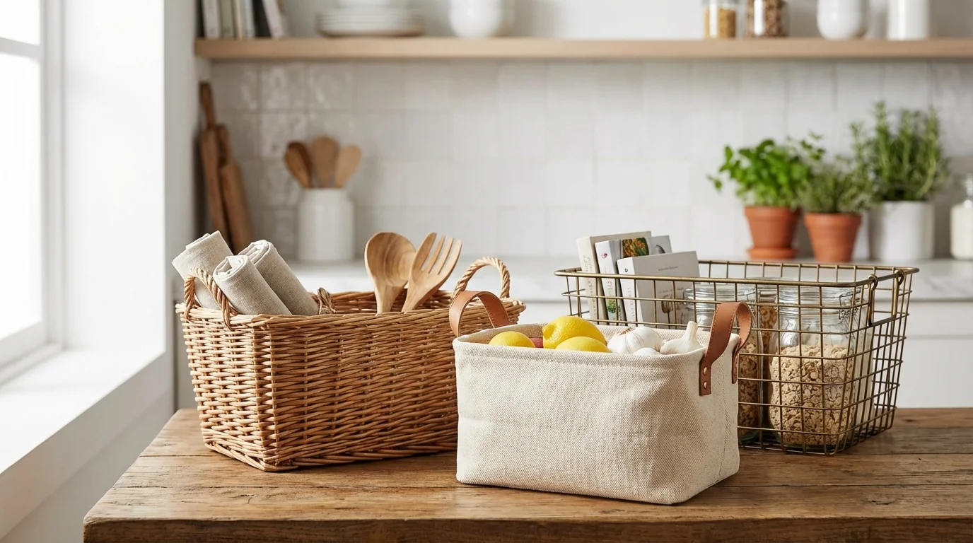 Cestas de almacenaje para cocina: mimbre, tela y metal