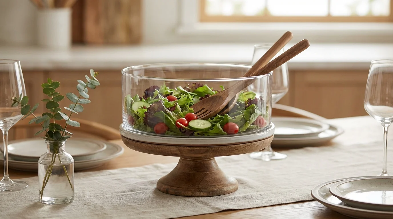 Ensaladera grande de cristal, madera y cerámica