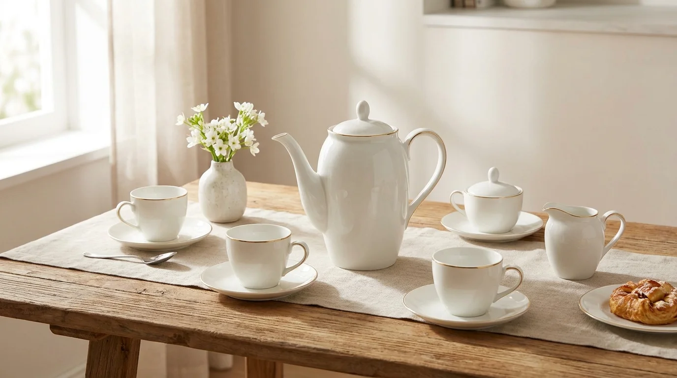 Juego de café de porcelana completo: tazas, platos y cafetera