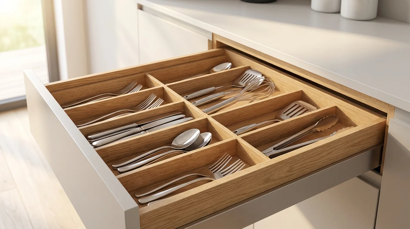 Organizador de cajones de cocina: cubiertos y utensilios en orden