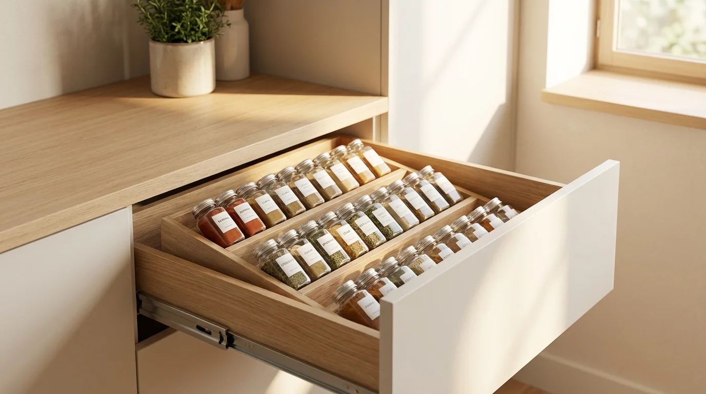 Organizador de especias para cajón: todo visible y accesible