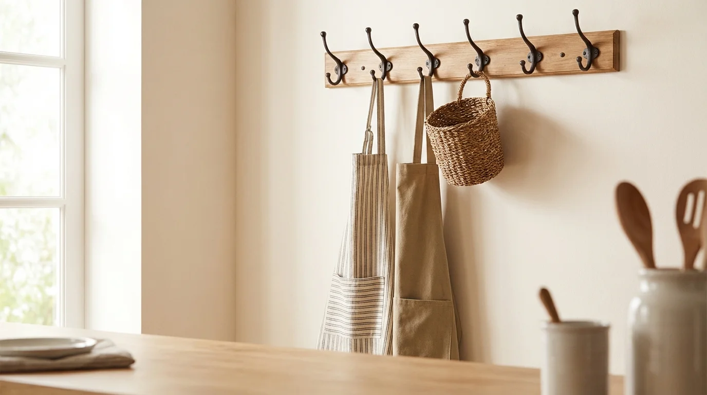 Perchero y ganchos para delantales de cocina