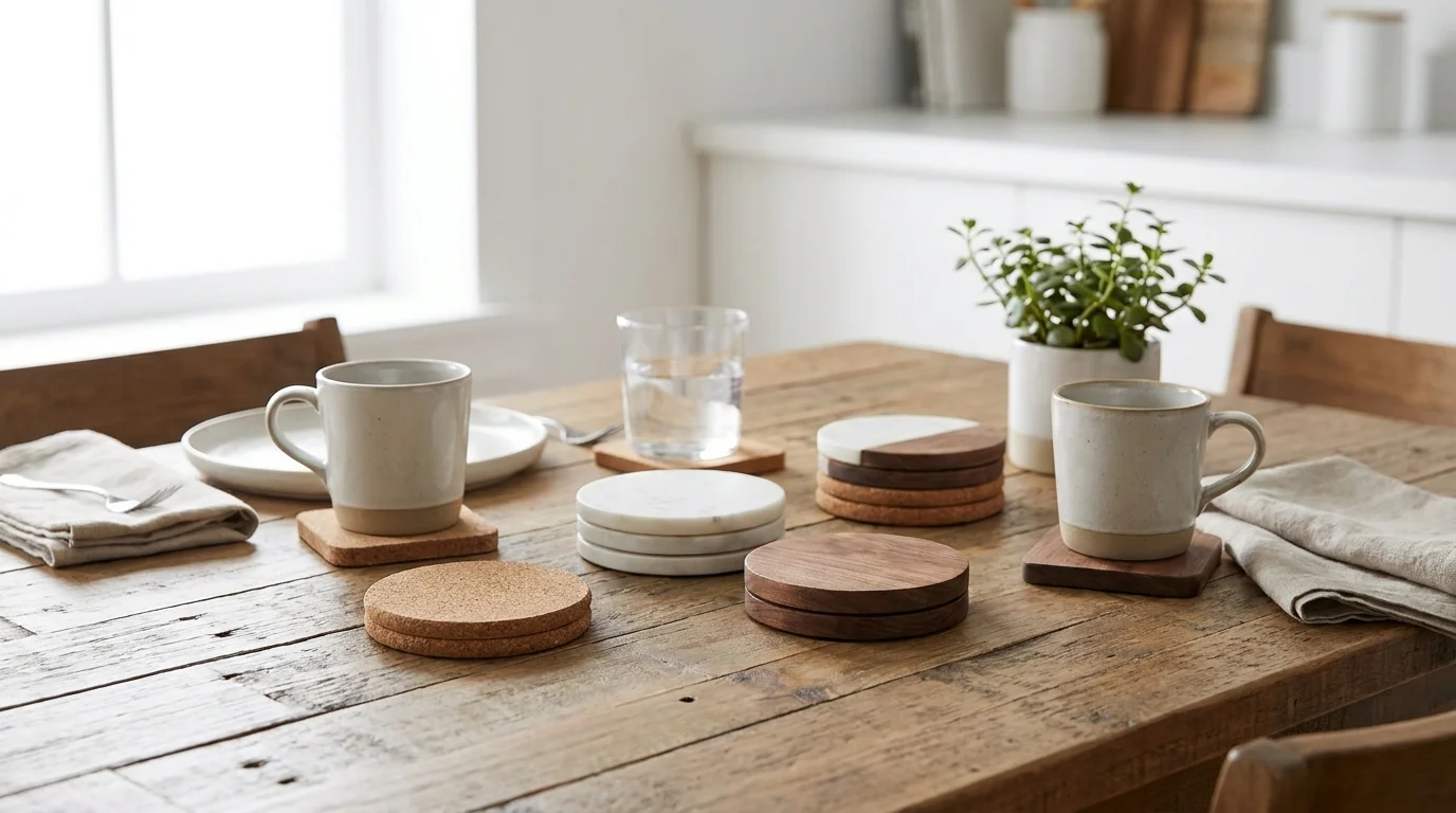 Posavasos originales de corcho, mármol y madera