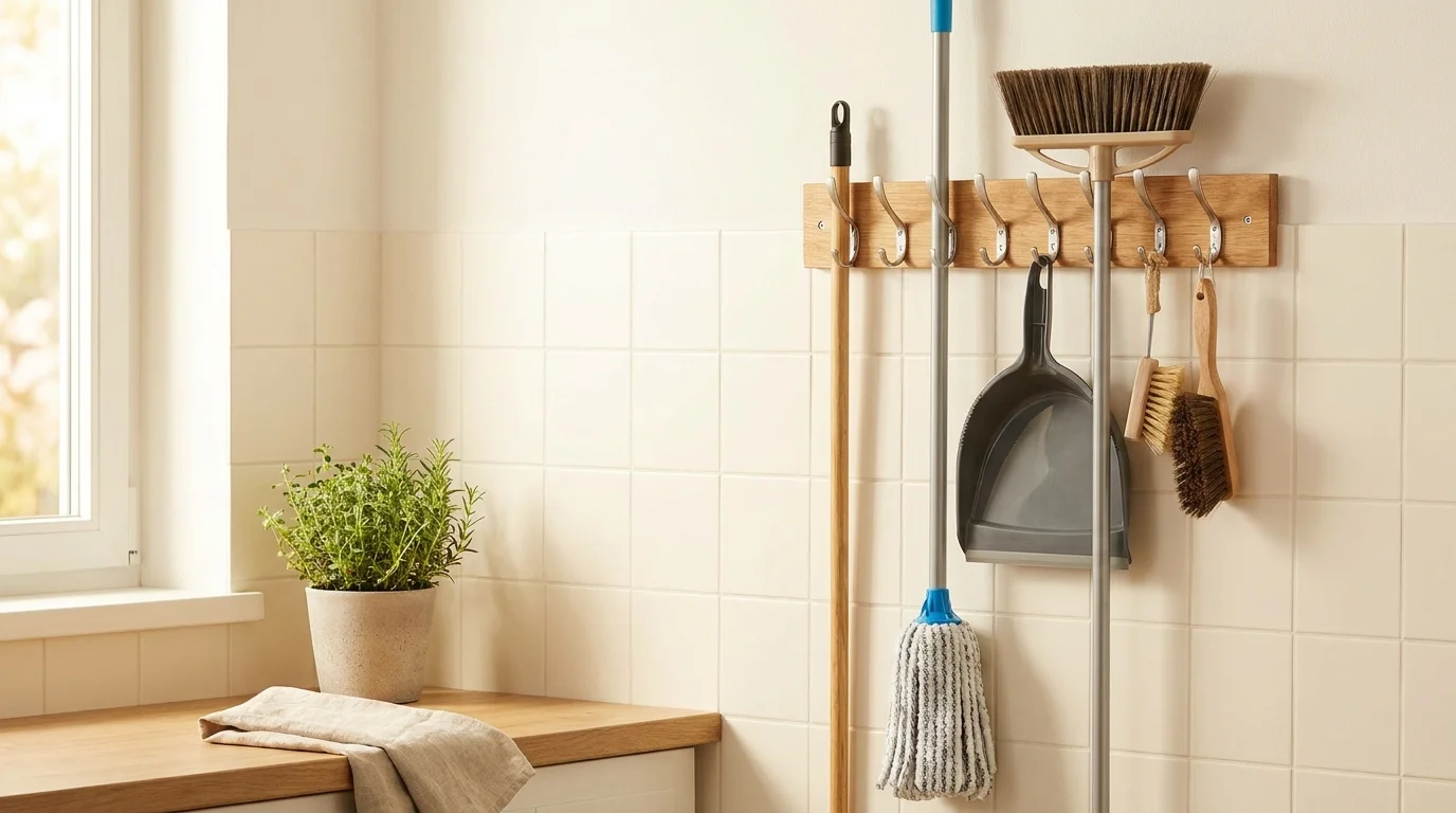 Soporte de pared para escobas, fregonas y utensilios de limpieza
