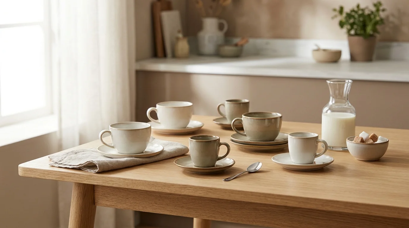 Tazas de café espresso y capuccino con plato